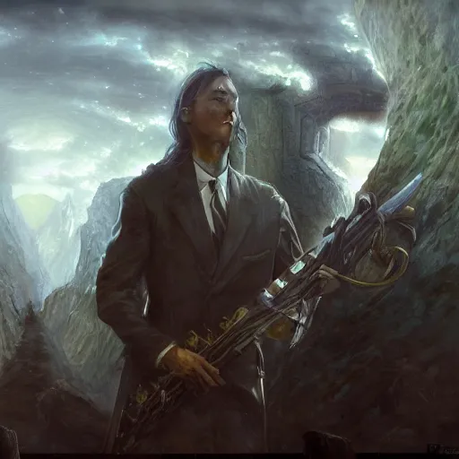 Image similar to orchestral music played by secret agents, painted by john howe, pixiv, deviantart, artstation, danbooru, illustration, realistic