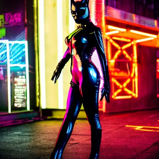 Image similar to catwoman in black latex suit walking through cyberpunk city, neon lights, wide long shot, 4 k, photography, cinematic