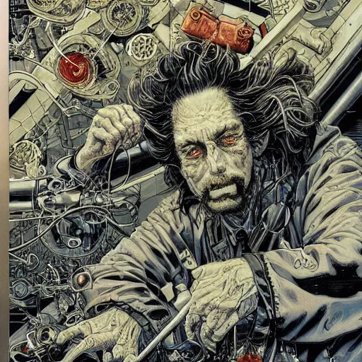 Image similar to closeup of mad scientist, by yoichi hatakenaka, masamune shirow, josan gonzales and dan mumford, ayami kojima, takato yamamoto, barclay shaw, karol bak