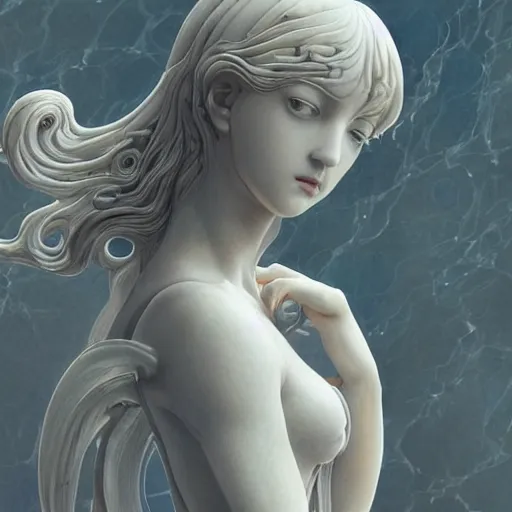 Image similar to “a delicate renaissance marble sculpture covered with water veil, highly detailed transparent marble cloth, a beautiful girl with long black hair in, island background, intricate, highly detailed, digital painting, artstation, official media, anime key visual, concept art, rich vivid colors, ambient lighting, sharp focus, illustration, art by Artgerm, Makoto Shinkai, Ilya Kuvshinov, Lois Van Baarle, and Rossdraws, gi, global illumination, physically based rendering, photorealistic, top light , dark background”