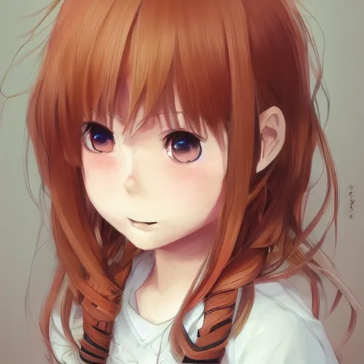 Prompt: An anime portrait of a smiling girl with long straight reddish-blonde hair, brown eyes, wearing a shirt, young child, by Stanley Artgerm Lau, WLOP, Rossdraws, James Jean, Andrei Riabovitchev, Marc Simonetti, and Sakimi chan, trending on artstation