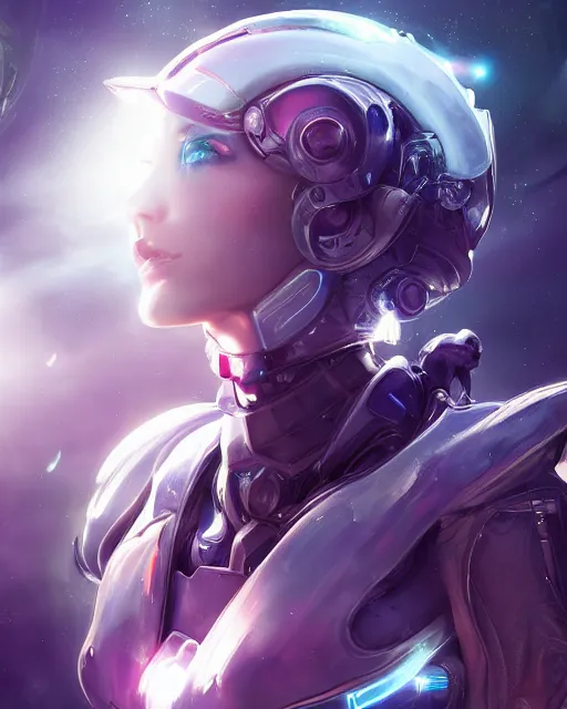 Image similar to perfect android girl on a mothership, warframe armor, beautiful face, scifi, futuristic, galaxy, nebula, bae suzy, dreamy, long white hair!!!, blue cyborg eyes, sharp focus, cinematic lighting, highly detailed, artstation, divine, by gauthier leblanc, kazuya takahashi, huifeng huang