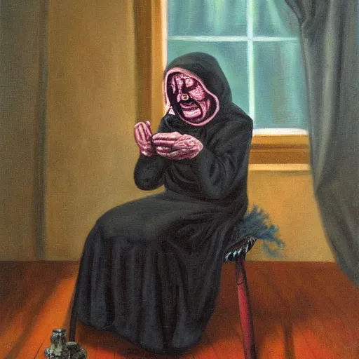 Image similar to creepy old cursed witch watching you sleep, eerie, haunted, oil painting