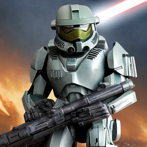 Image similar to Master Chief in a set of Star Wars, highly detailed, high quality, HD, 4k, 8k, Canon 300mm, professional photographer, 40mp, lifelike, top-rated, award winning, realistic, sharp, no blur, edited, corrected, trending