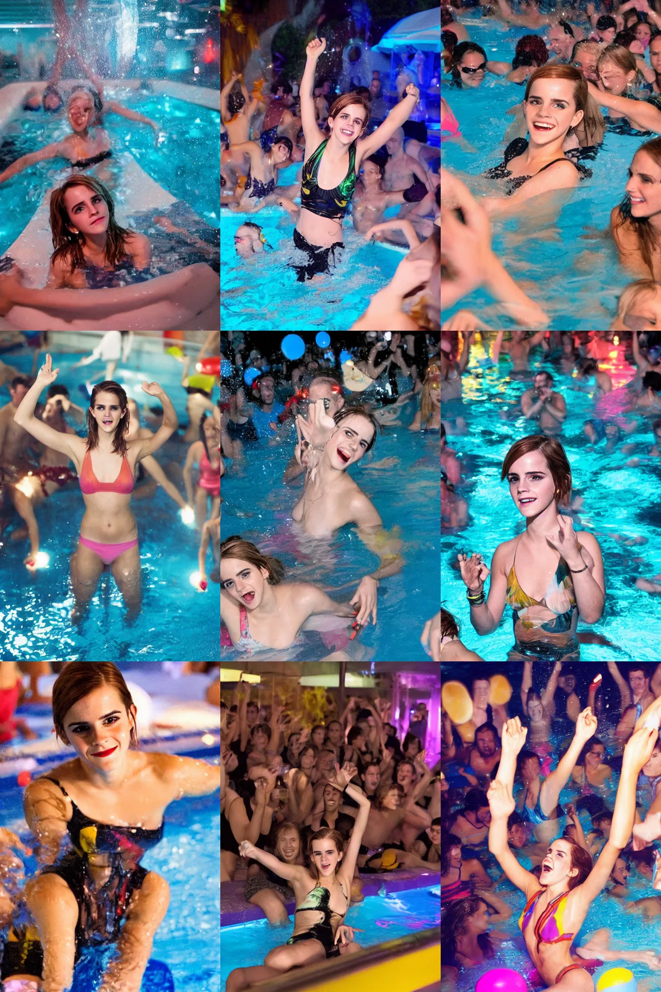 Prompt: a photo of emma watson having fun in a pool party filled with people in a modern indoors pool with cyberpunk illumination at night.