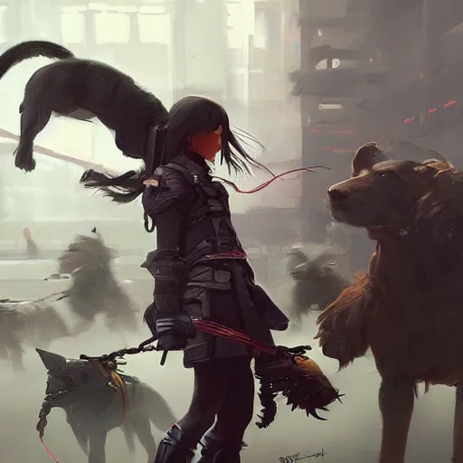 Prompt: 2d character concept art illustration, trending on artstation, by Ruan Jia, of a girl in a cyberpunk suit with three leashed battle dogs