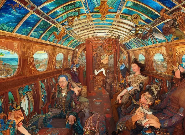 Prompt: incredibly beautiful breaktakingly detailed painting of the inside of the ornate underwater train to atlantis, various amazingly wonderful bizarre cool weird characters sat down, extreme closeup, by ford maddox brown and kilian eng and william powell frith and frederic leighton, ultra wide angle, 4 k