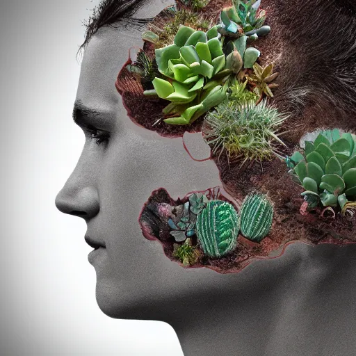 Prompt: succulents and cactus growing inside a human head side on made out of glass, 8 k detailed photograph, unreal engine, trending on artstation, award winning, emotional surrealist art, very very very very very beautiful