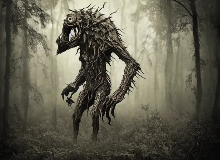 Image similar to an incredibly scary and very very unique monster creature of evil nature, ancient folk legend in the forest, hyperrealistic concept art, extremely creative, sepia photography
