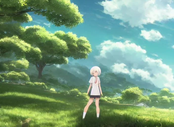 Image similar to illustration of a wide shot green hills with clouds in the background, cute anime girl with platinum blonde hair and big eyes close to foreground, anime key visual, official media, illustrated by wlop, extremely detailed, 8 k, trending on pixiv, cinematic lighting, beautiful