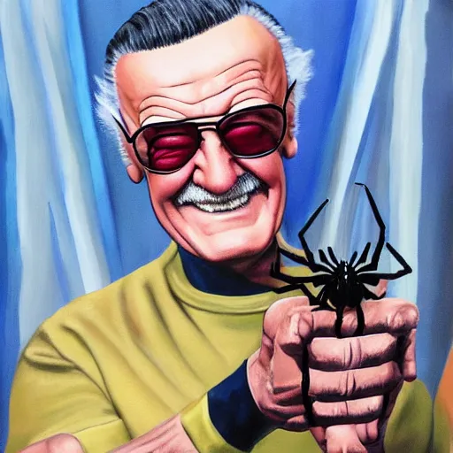 Prompt: photorealistic painting of stan lee wearing a spider - man costume but holding the mask in his hand, happy, 4 k