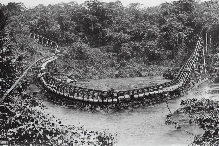 Prompt: a 1 9 0 5 colonial closeup photograph of a rollercoaster in a village at the river bank of congo, thick jungle, wide angle shot