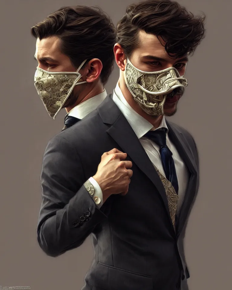 Image similar to ultra realistic illustration, a male with fabric mask, suit and tie, intricate, elegant, highly detailed, digital painting, artstation, concept art, smooth, sharp focus, illustration, art by artgerm and greg rutkowski and alphonse mucha