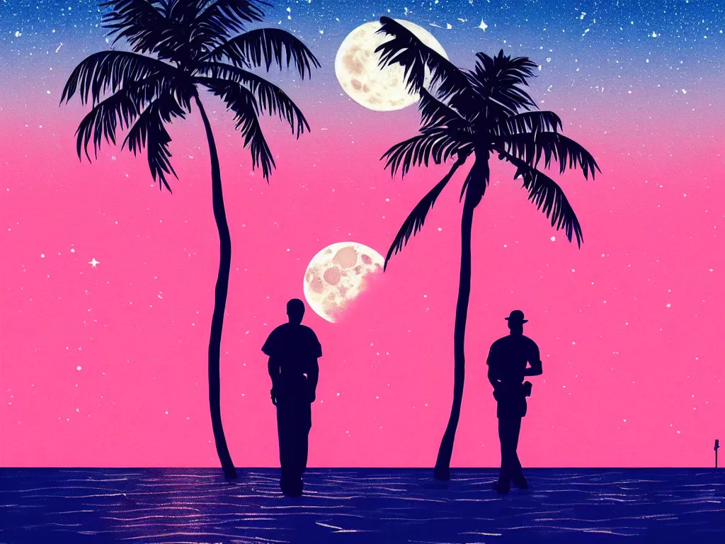 Image similar to cop on a summer night miami beach, city on the background, palm trees, footprints in the sand, full moon reflected in the calm ocean, starry sky, 8 k, ultra detailed, trending on artstation, digital painting, synthwave and retrowave style, pink color scheme