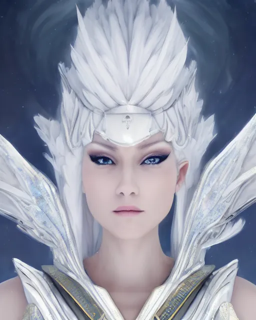 Image similar to perfect white haired egyptian goddess wearing white dove wings, warframe armor, regal, attractive, ornate, sultry, beautiful, ice queen, half asian, pretty face, blue eyes, detailed, scifi platform, 4 k, ultra realistic, epic lighting, android body, illuminated, cinematic, masterpiece, art by akihito tsukushi, voidstar