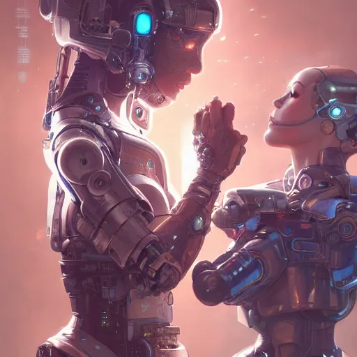 Image similar to Ultra realistic illustration, two women kissing a robot, cyberpunk, sci-fi, fantasy, intricate, elegant, highly detailed, digital painting, artstation, concept art, smooth, sharp focus, illustration, art by artgerm and greg rutkowski and alphonse mucha