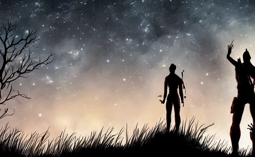 Image similar to view from behind a dead by daylight killer looking up to a night sky with arm raised, stars aligning, character portrait, digital art