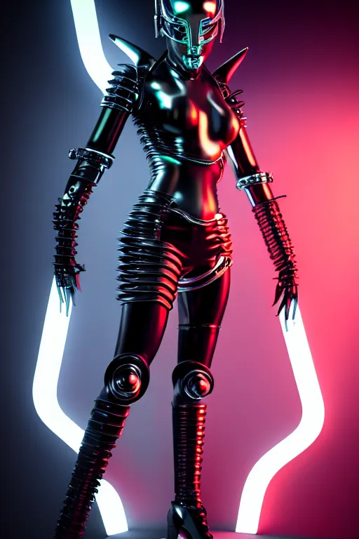 Image similar to edgy powerful female chrome futuristic cyborg with curved metal Loki horns and chrome motorcycle parts, full body, dark fantasy, neon bar lights, 3d render, octane, 8k, volumetric lighting, hyper-realistic,, diffuse lighting, intricate, highly detailed, lifelike, photorealistic, digital painting, trending on artstation, smooth, sharp focus