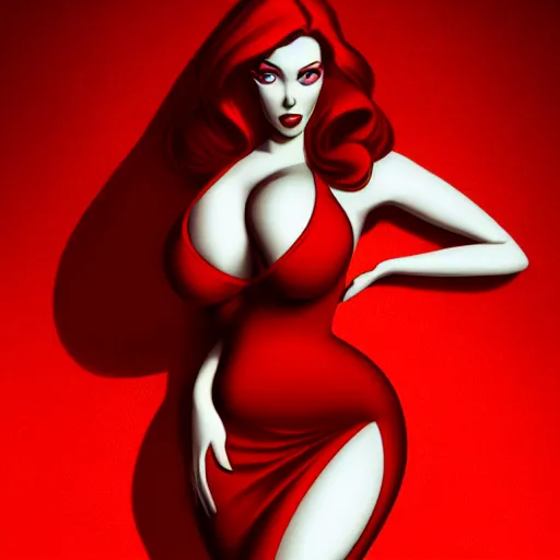 Prompt: beautiful flawless jessica rabbit in her red dress by greg rutkowski and raymond swanland, femme fetal, darkroom, dramatic high contrast lighting like sin city