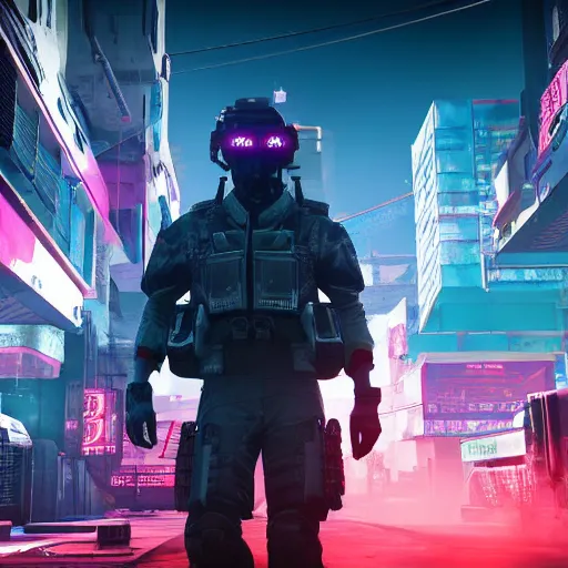 Prompt: futuristic call of duty game set in a synth - wave cyberpunk city, ps 5, 8 k