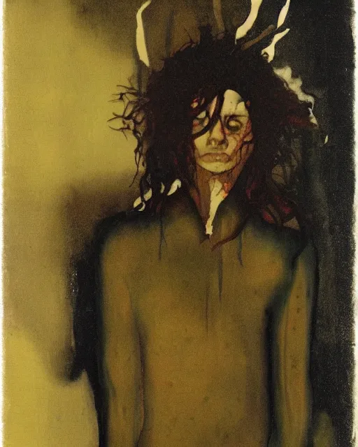 Image similar to a beautiful but sinister young man in layers of fear, with haunted eyes and wild hair, 1 9 7 0 s, seventies, woodland, a little blood, moonlight showing injuries, delicate embellishments, painterly, offset printing technique, by brom, robert henri, walter popp