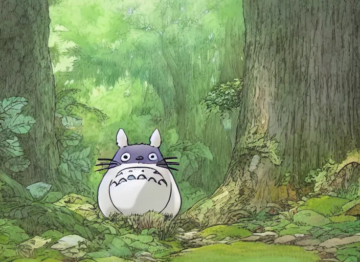 Prompt: a majestic totoro in a mythical forest next to a pathway, by ghibli studio and miyasaki, illustration, great composition