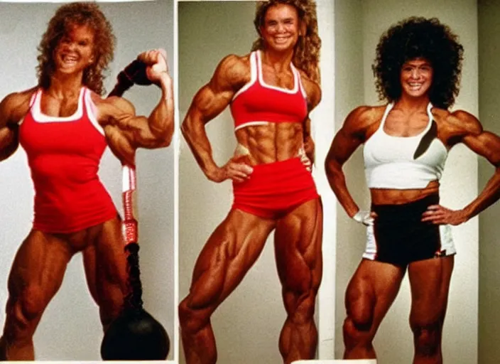 Prompt: Photos from the 80's. A muscular woman in red athletic wear is working out in the gym.