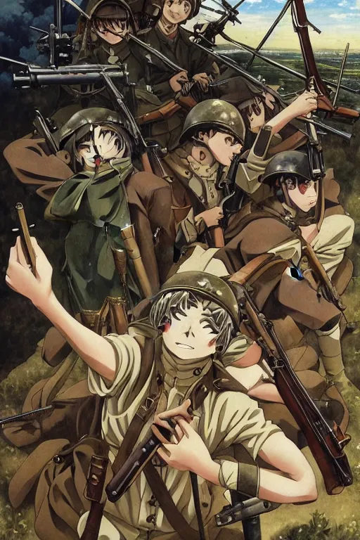 Prompt: anime key visual depicting the horros 1 9 1 8 great war, anime maids, matriarchy, old bolt action rifles, early tanks, biplanes, blood anguish terror, official digital media illustrated in style of classical baroque, renaissance painting, trenches bombs, preserved museum piece, historical