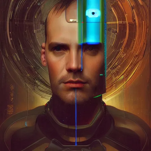 Prompt: portrait of a middle aged male android, coy, circuitry visible in head, in the style of ex machina, karol bak, alphonse mucha, greg rutkowski, award winning, hr giger, artstation