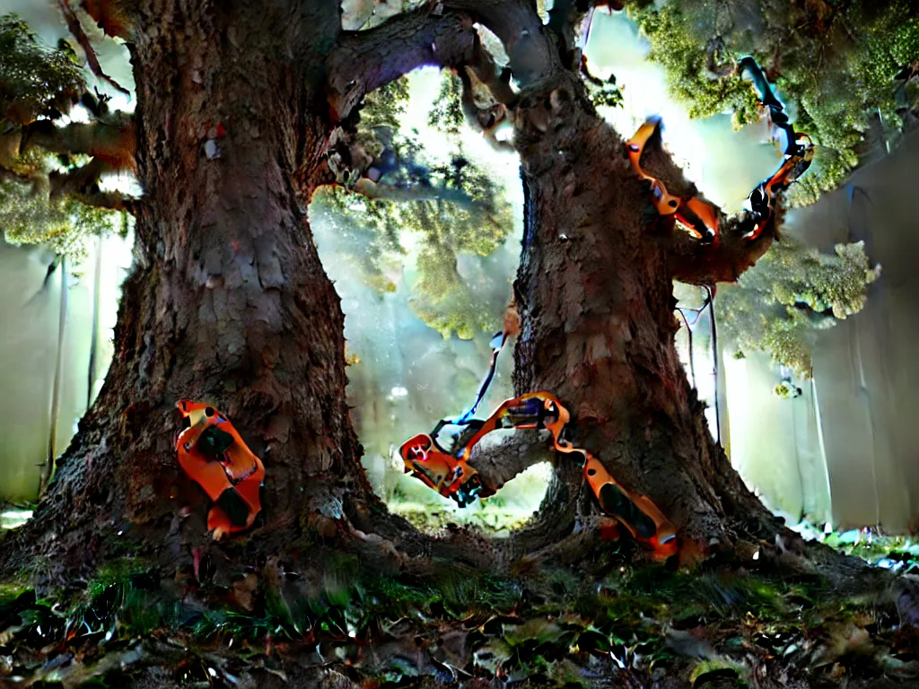 Prompt: photorealistic render of ent tree holding chainsaws and cutting humans who have their heads cut off by the floor with blood, hyper detailed, ultra realistic, 8 k, unreal engine render, ray traced lighting