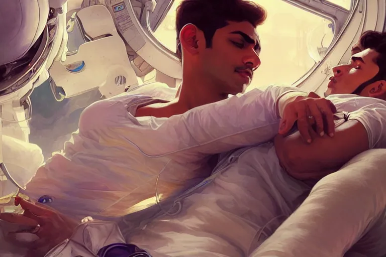 Image similar to Sensual good looking pale young Indian doctors wearing jeans asleep in a space station above Earth performing surgery, portrait, elegant, intricate, digital painting, artstation, concept art, smooth, sharp focus, illustration, art by artgerm and greg rutkowski and alphonse mucha