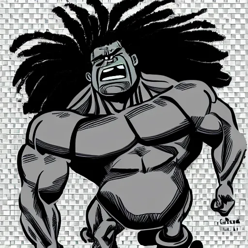 Prompt: black hulk with dreadlocks, cartoon drawing, meme