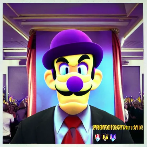 Image similar to photograph of waluigi as a presidential candidate giving a speech. Dramatic lighting. Award winning photography.