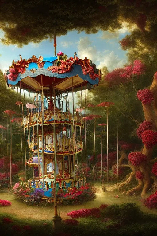 Image similar to a beautiful digital illustration painting of a fantasy carousel in overgrown roots, flowers by benoit b. mandelbrot, steven belledin, martin johnson heade, lee madgwick, caspar david friedrich, and david rios ferreira. 8 k resolution trending on artstation concept art digital illustration