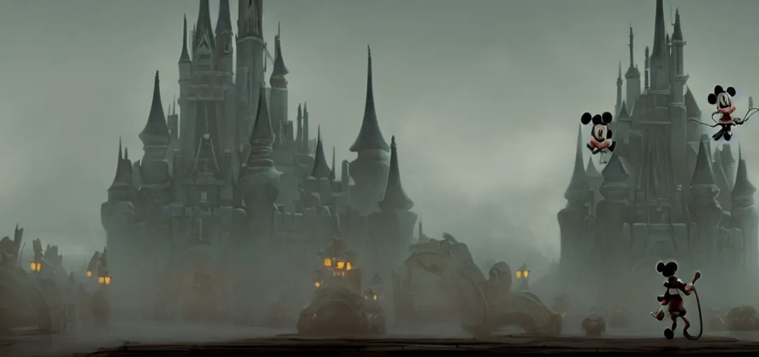 Image similar to evil epic mickey mouse walking out from epic temple, foggy, cinematic shot, photo still from movie by denis villeneuve, wayne barlowe