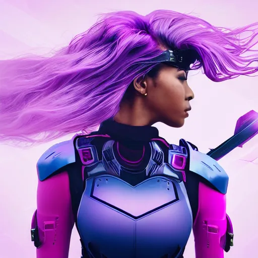 Image similar to a award winning action upper body portrait of a beautiful woman with a ombre purple pink hairstyle with head in motion and hair flying while wearing futuristic navy blue bodyarmor and pauldrons, outrun, vaporware, highly detailed, fine detail, intricate