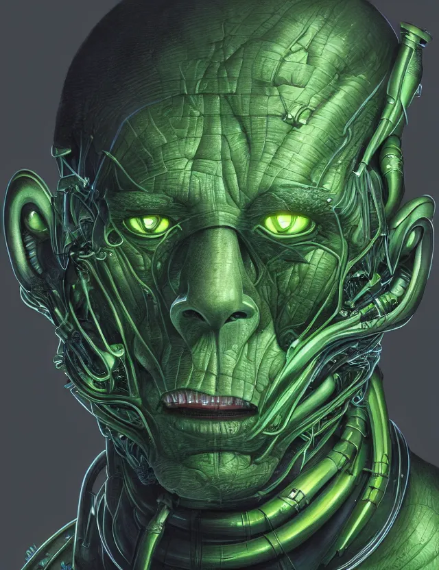 Image similar to a portrait of elon musk with green skin and mechanical gills, by moebius and tyler edlin and hr giger, trending on artstation, digital art, 4 k resolution, detailed, high quality, sharp focus, hq artwork, coherent, insane detail, concept art