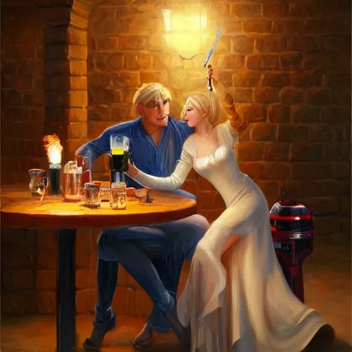 Prompt: blonde woman and Boba Fett drinking beer in a cellar, romantic, cozy, inviting, love, torches, painting by Vladimir Volegov