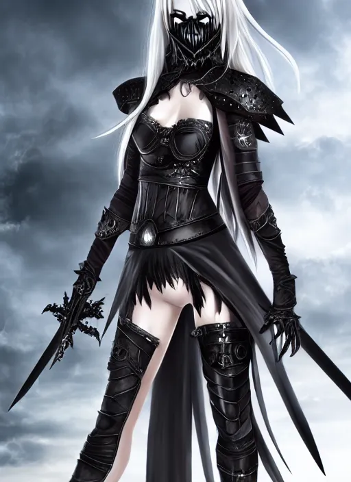 Image similar to full portrait, female vampire knight in black heavy armor, metal mask, gladiator sandals, barefoot, little skin shown, realistic proportions, ghostblade, wlop, reasonable fantasy