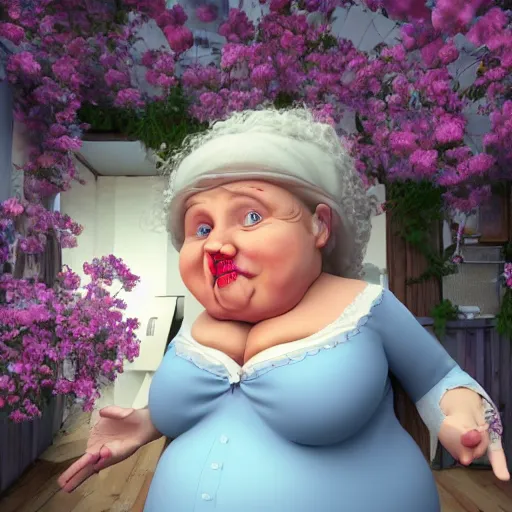 Image similar to of a very funny scene. ambient occlusion render. a sweet fat old woman is in kissing her huge belly. flowery dress. mirror. symmetrical face, red mouth, blue eyes. deep focus, lovely scene. ambient occlusion render. concept art. unreal engine.