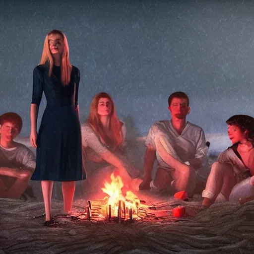 Prompt: Elle Fanning resting at a cult bonfire at night in the world of Edward Hopper, stormy weather, beach, extremely detailed masterpiece, oil on canvas, low-key neon lighting, artstation, Blade Runner 2049, Roger Deakin’s cinematography, by J. C. Leyendecker and Peter Paul Rubens,