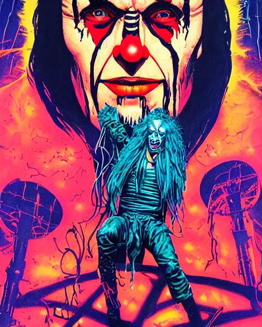 Prompt: trent reznor with long hair as a psycho clown, horror, high details, bright colors, striking, intricate details, by vincent di fate, artgerm julie bell beeple, 1 9 8 0 s, inking, vintage 8 0 s print, screen print