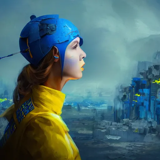 Image similar to ukrainian girl with blue and yellow clothes near big ruined city, concept art, trending on artstation, highly detailed, intricate, sharp focus, digital art, 8 k