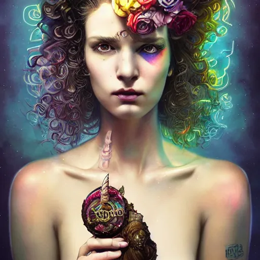 Image similar to Lofi cyberpunk portrait beautiful woman with short brown curly hair, roman face, unicorn, rainbow, floral, Tristan Eaton, Stanley Artgerm, Tom Bagshaw