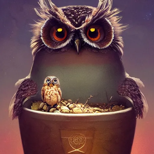 Image similar to long shot of a very cute owl chick nesting in a very futuristic cup, esao andrews, m. w. kaluta, humorous illustration, hyperrealistic, big depth of field, warm colors, night scenery, low light, 3 d octane render, 4 k, conceptart, hyperdetailed, hyperrealistic, trending on artstation