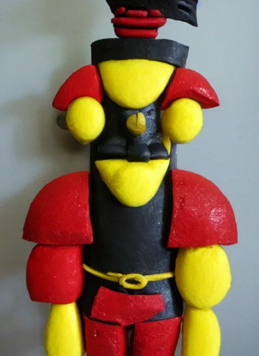 Image similar to sponge sculpture of an ancient warrior red and black and gold theme