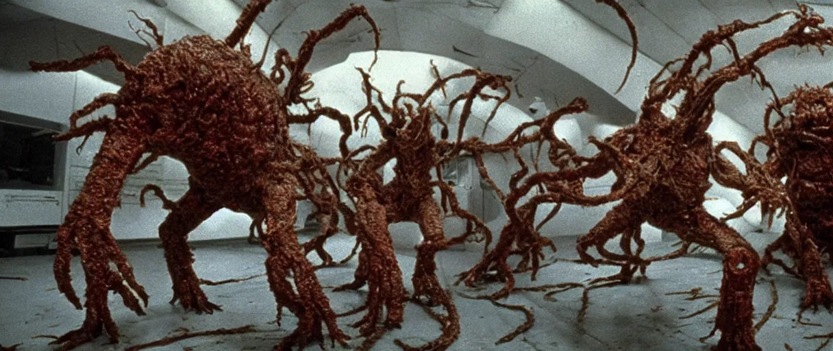 Image similar to filmic extreme wide shot dutch angle movie still 4k UHD interior 35mm film color photograph of a dozen soldiers mangled and stabbed by a dangerous horrifying shape-shifting abstract looking organism from The Thing 1982, in the style of a 1980s horror film