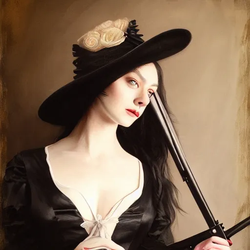 Prompt: a beautiful young woman, pale skin, black long hair, aristocrat, black expensive dress from 1 8 6 0, holding a rifle, oil painting, digital art, studio photo, realistic, artstation, high quality, wild west