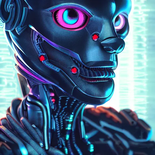 Image similar to cyberpunk cyborg insect alien face portrait, detailed face, sharp focus, synthwave art, aesthetic, octane render, raw, cinematic