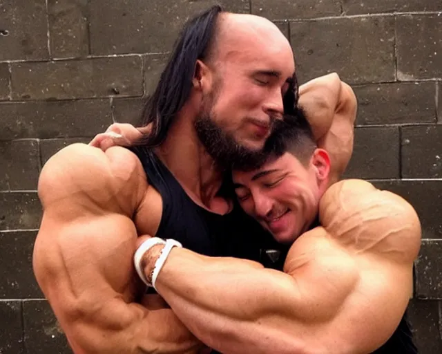 Prompt: cuddling with a bodybuilder, hugging an athlete, squishing muscles, comforting, wholesome, sweet, kindhearted, adorable, romantic, platonic